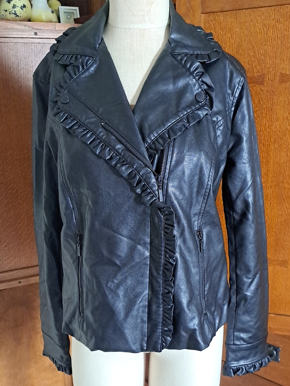 Catherine Malandrino Black Faux Vegan Leather Ruffle Asymmetrical Moto Jacket L